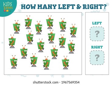 How many left and right cartoon robots kids counting game vector illustration. Development activity for preschool children with counting objects