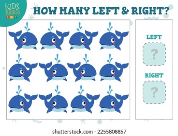 How many left and right cartoon whales kids counting game vector illustration. Development activity for preschool children with counting objects
