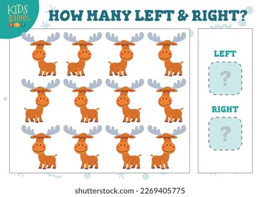 How many left and right cartoon elks kids counting game vector illustration. Development activity for preschool children with counting objects