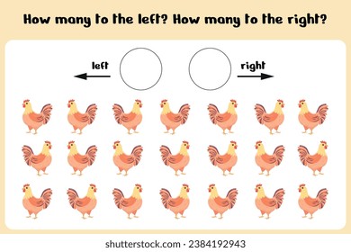 How many left and right chickens. Learning sheet for children to learn left and right. The score game. Kids counting game. Vector illustration 