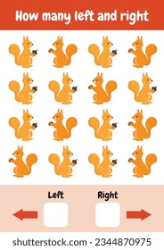 How many left and right. Count and compare left and right items. Printable worksheets, activities for children. Logical games for preschool, kindergarten learning, homeschooling. Cute vector animals. 