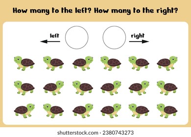 How many left and right turtles. Learning sheet for children to learn left and right. The score game. Kids counting game. Vector illustration 