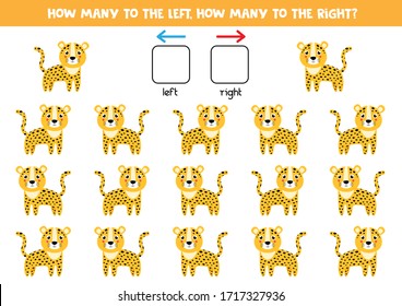 How many leopards go to the left and to the right. Educational worksheet for children. Spatial orientation for kids.