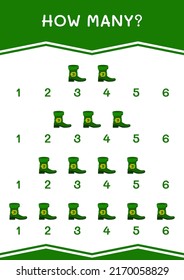 How many of Leprechaun boot, game for children. Vector illustration, printable worksheet