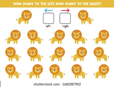 Wie viele Löwen gehen nach links und wie viele nach rechts? Zählspiel für Kinder.