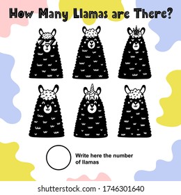 How many llamas are there? Count and write the number in the circle. Counting activity puzzle for kids. Educational game. Vector illustration