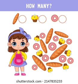 How many loaves, donuts, cakes, buns with a cute little girl in a confectioner's costume. Counting educational children's game, children's math worksheet. Cartoon colored vector illustration.