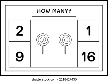 How many Lollipop, game for children. Vector illustration, printable worksheet