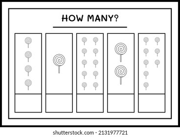 How many Lollipop, game for children. Vector illustration, printable worksheet