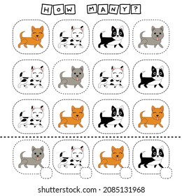 How many dogs? Math kids activity sheet. Counting educational children game