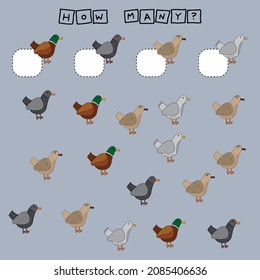 ¿Cuántos patos? Hoja de actividades de los niños matemáticos. Contar juego de niños educacionales
