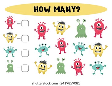 How many monsters? Mathematical game for preschoolers. Counting game for preschool children. Educational math game. Vector illustration