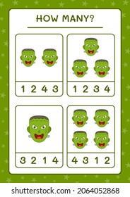 How many Monster, game for children. Vector illustration, printable worksheet