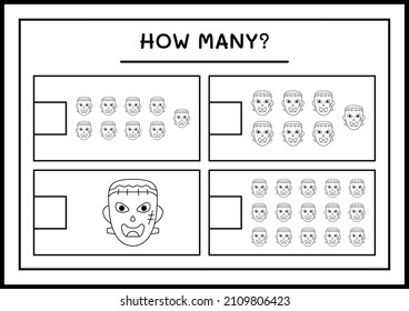How many Monster, game for children. Vector illustration, printable worksheet