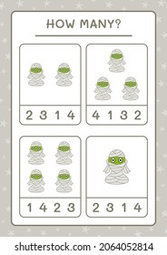 How many Mummy, game for children. Vector illustration, printable worksheet