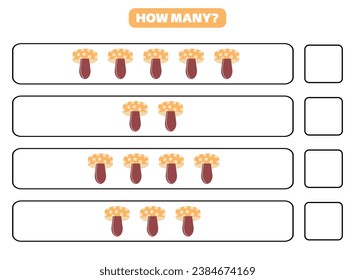 How many mushroom are there? Educational worksheet design for children. Counting game for kids.