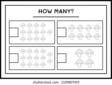 How many Mushroom, game for children. Vector illustration, printable worksheet