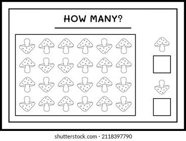 How many Mushroom, game for children. Vector illustration, printable worksheet