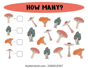 How many mushrooms are there? Count the number of mushrooms and write.Counting game for preschool children. Autumn theme. Vector illustration.