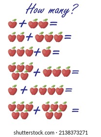 How many objects (apples).Preschool Counting Activities. Printable worksheet. Educational game for children, kids preschool age. Mathematics task. Learning mathematics, numbers.Tasks for addition.
