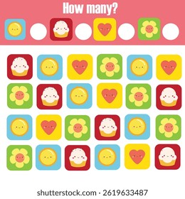 Quantos objetos. Contando o jogo educacional para crianças. Estudar matemática, números, adição para crianças pequenas