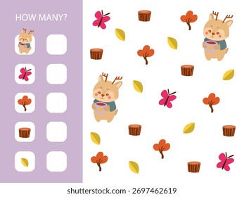 ¿Cuántos objetos hay en la imagen? Juego para niños. Cuenta y escribe los números. Ilustración vectorial.