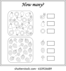 How many objects. Learning mathematics, numbers. Tasks for addition (counting) for preschool kids, children
