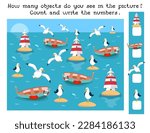 How many objects in picture. Game for children. Count and write numbers. Marina, port on seashore. Seagulls near boat and lighthouse. Cartoon objects and landscape. Vector illustration.