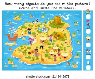 How many objects in picture. Game math for kids. Island map with sea and palm trees, treasures and chests, huts, mountain, waterfall, cave sea and ship. Vector illustration.