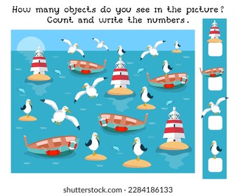 How many objects in picture. Game for children. Count and write numbers. Marina, port on seashore. Seagulls near boat and lighthouse. Cartoon objects and landscape. Vector illustration.