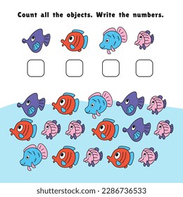 How many objects in the picture. Game for children. Count and write numbers. Educational puzzle game for children. Sea animals in cartoon style. Vector illustration.