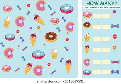 Tarefa de quantos objetos, Contagem de crianças educativas jogo para crianças pré-escolares, ficha de atividade das crianças. Aprendendo matemática, números, temas de adição, doces, rosquinhas. Ilustração vetorial.