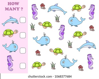 How many objects task. Educational math game for preschool children. Counting game for kids. Sea animals