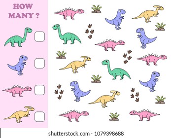 How many objects task. Educational math game for preschool children. Counting game for kids. Kids activity page. Dinosaurs. Tyrannosaurus rex. Brachiosaurus. Stegosaurus. Parasaurolophus.