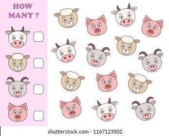 How many objects task. Educational math game for preschool children. Counting game for kids. Farm animals.