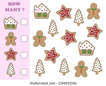 How many objects task. Educational math game for preschool children. Counting game for kids. Kids activity page. Gingerbread cookies.
