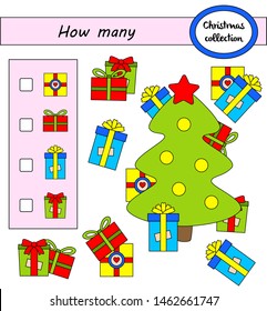 How many objects task. Educational math game for preschool children. Counting game for kids. Christmas tree