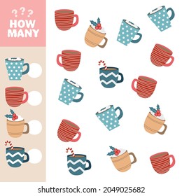 How many objects task. Educational math game for preschool children. Counting game for kids. Kids activity page. Christmas Cups.