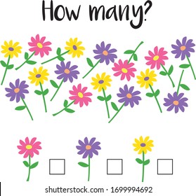 How many objects.Preschool Counting Activities. Printable worksheet. Educational game for children, toddlers and kids pre school age. Mathematics task. Learning mathematics, numbers.Tasks for addition
