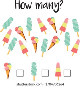 How many objects.Preschool Counting Activities. Printable worksheet. Educational game for children, toddlers and kids pre school age. Mathematics task. Learning mathematics, numbers.Tasks for addition