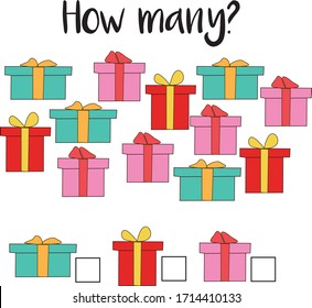 How many objects.Preschool Counting Activities. Printable worksheet. Educational game for children, toddlers and kids pre school age. Mathematics task. Learning mathematics, numbers.Tasks for addition
