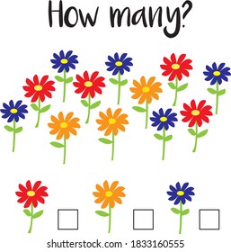How many objects.Preschool Counting Activities. Printable worksheet. Educational game for children, toddlers and kids preschool age. Mathematics task. Learning  numbers.Tasks for addition. Vector Eps8