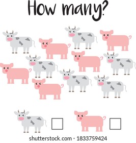 How many objects.Preschool Counting Activities. Printable worksheet. Educational game for children, toddlers and kids preschool age. Mathematics task. Learning  numbers.Tasks for addition. Vector Eps8