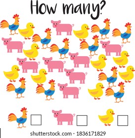 How many objects.Preschool Counting Activities. Printable worksheet. Educational game for children, toddlers and kids preschool age. Mathematics task. Learning  numbers.Tasks for addition. Vector Eps8