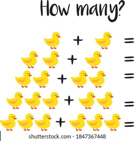 How many objects.Preschool Counting Activities. Printable worksheet. Educational game for children,  kids preschool age. Mathematics task. Learning mathematics, numbers.Tasks for addition. Vector Eps8