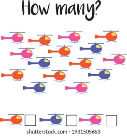 How many objects.Preschool Counting Activities. Printable worksheet. Educational game for children, toddlers and kids preschool age. Mathematics task. Learning  numbers.Tasks for addition. Vector Eps8