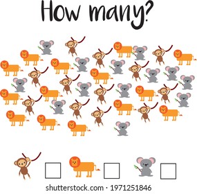 How many objects.Preschool Counting Activities. Printable worksheet. Educational game for children, toddlers and kids preschool age. Mathematics task. Learning  numbers.Tasks for addition. Vector Eps8