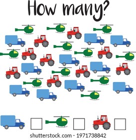 How many objects.Preschool Counting Activities. Printable worksheet. Educational game for children, toddlers and kids preschool age. Mathematics task. Learning  numbers.Tasks for addition. Vector Eps8