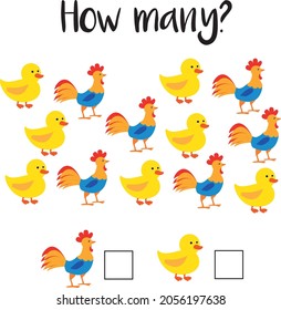 How many objects.Preschool Counting Activities. Printable worksheet. Educational game for children, toddlers and kids preschool age. Mathematics task. Learning  numbers.Tasks for addition. Vector Eps8