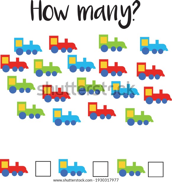 How many objects.Preschool Counting Activities.\
Printable worksheet. Educational game for children, toddlers and\
kids preschool age. Mathematics task. Learning  numbers.Tasks for\
addition. Vector Eps8